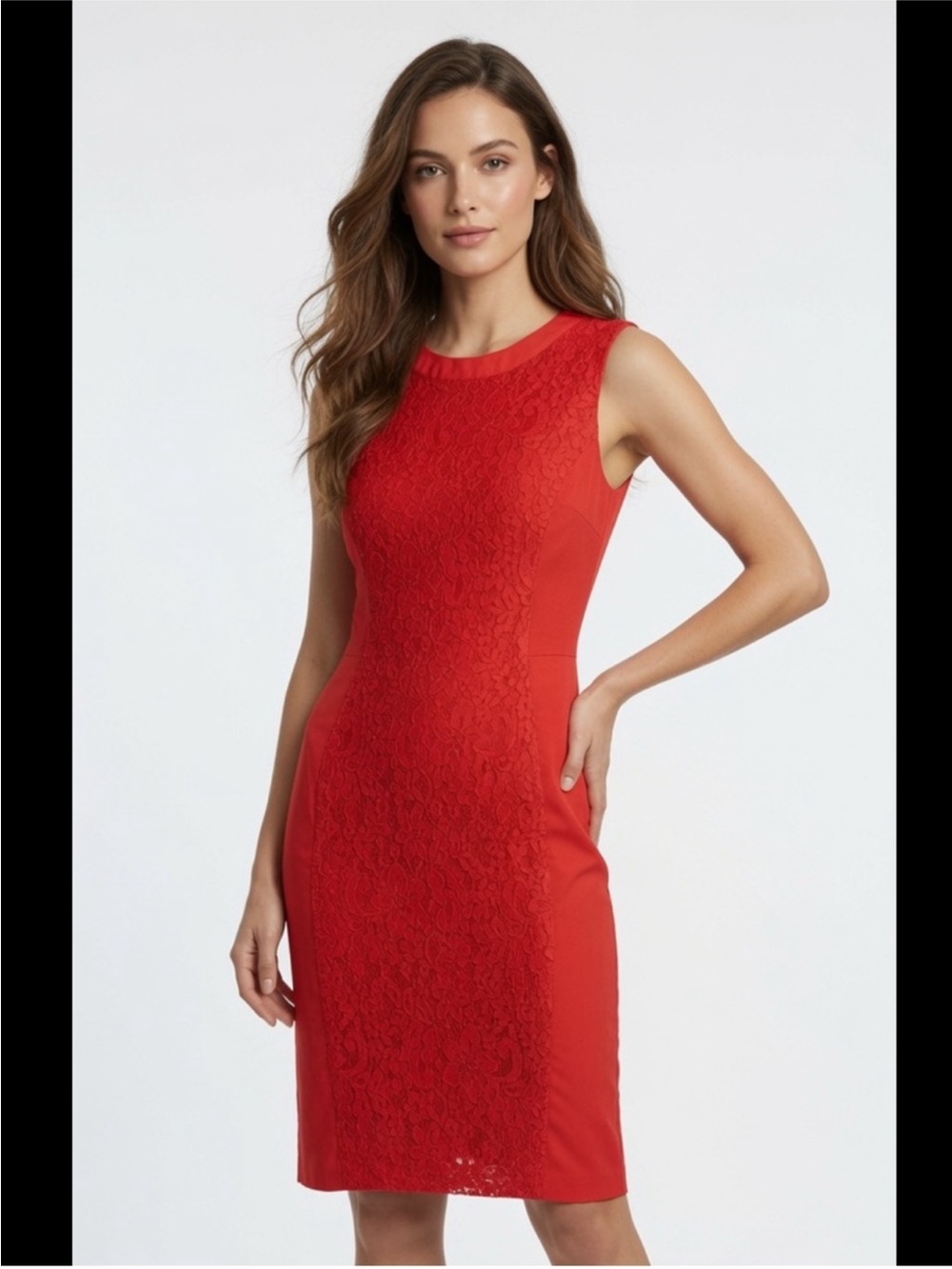 Gianni Bini Red Sleeveless Lace-Front Midi Sheath Dress
